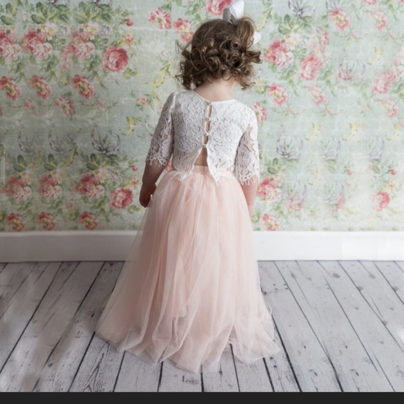 Two Piece Crochet Lace Flower Girl Top, Blush Pink Tulle Princess Tutu Skirt - Picture 4 of 11